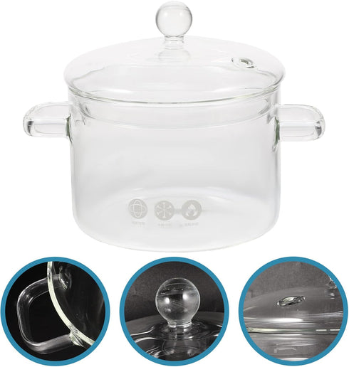 Vaguelly Clear Glass Cooking Pot, 1500mL Saucepan with Lid, Double-Handle Simmer Pot for Milk, Pasta, Noodles, Soup,
