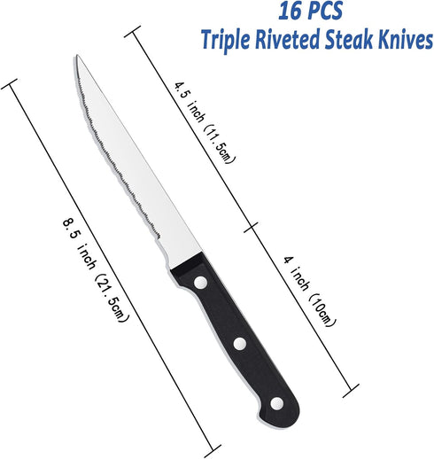 BEWOS Steak Knives Set of 16, Triple Rivet Steak Knives, Serrated Steak Knives, Stainless Steel Serrated Blades (4.5”), Sharp Knifes, Dinner Knives, Dishwasher Safe, Knives Set for Home, Restaurant by BEWOS