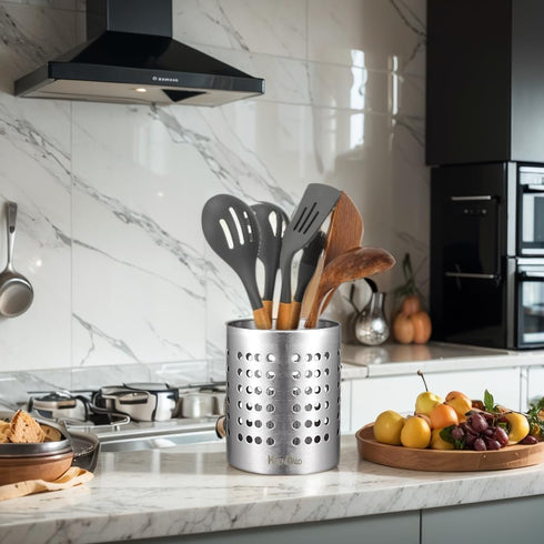 KSENDALO 304 Stainless Steel Utensil Holder, Sturdy Silverware Drainer Basket, Utility Drying Rack for Countertop,