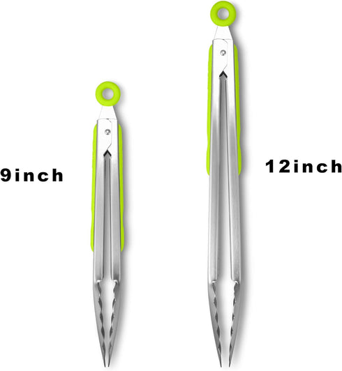 304 Stainless Steel Kitchen Cooking Tongs, 9" and 12" Set of 2 Sturdy Grilling Barbeque Locking Food Tongs with