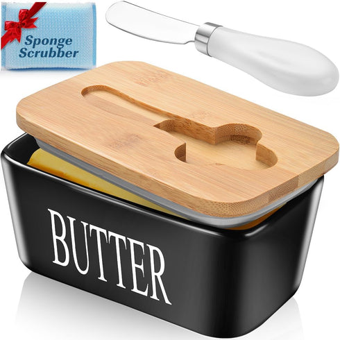 Black Ceramic Butter Dish with Lid - Large Countertop Holder for 2 Sticks, Includes Knife and Sponge Scrubber