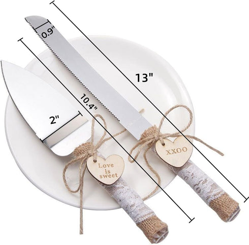 Wedding Cake Knife and Server Set Rustic Style Stainless Steel Cake Cutter Set with Twine Lace and Wood Tag Gifts for Bride and Groom Wedding Anniversaries Parties by SWTOOL