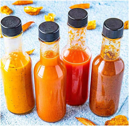 5 oz, 24 Pack Woozy gmisun Hot Sauce Bottles Vanilla Extract Bottles with Shrink Capsules, Glass Bottle with Labels