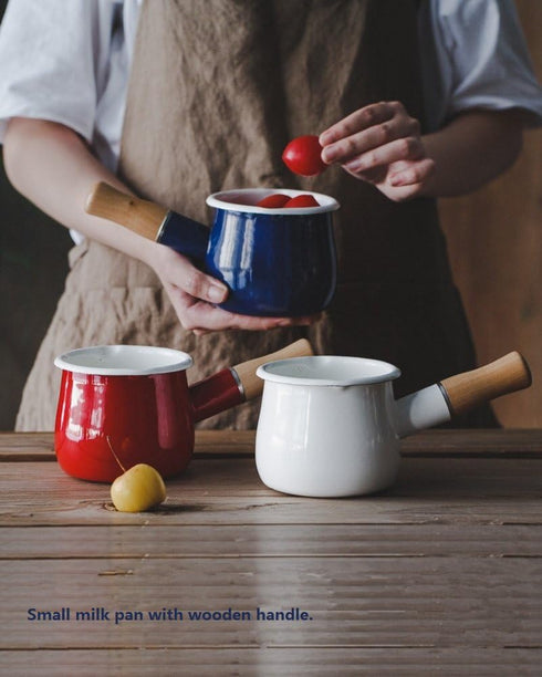 Enamel Milk Pot, Small 4 Inch 17 Oz Saucepan with Wooden Handle, Perfect for Heating Smaller Liquid Portions