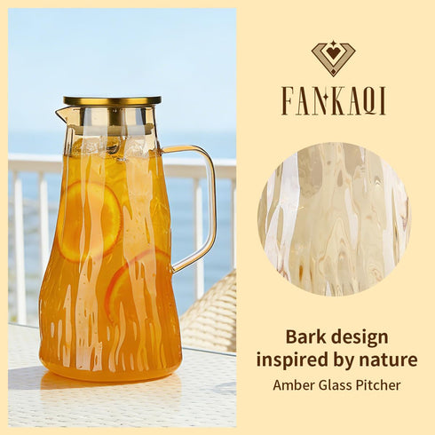 FANKAQI 1.8L Amber Glass Pitcher with Lid Bark Texture Design, Borosilicate Heat & Cold Resistant Glass Water Pitcher