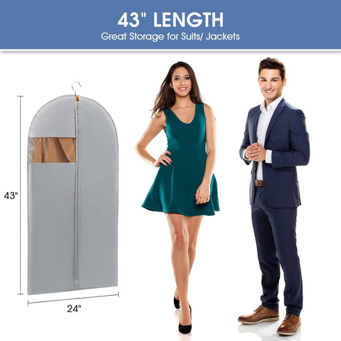 43" Garment Bags for Hanging Clothes, Grey Suit Cover Bags with Clear Window for Closet Storage (2 Packs)