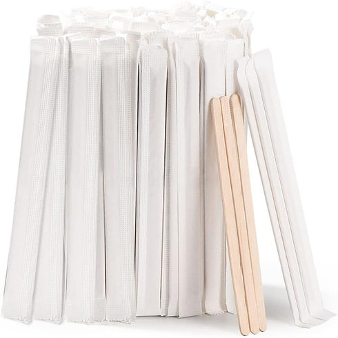 MFJUNS 200pcs Individually Wrapped Coffee Stirrers Wood - 5.5" Coffee Stir Sticks, Round