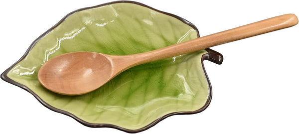 Green Leaf Shape Spoon Rest - Ceramic Spoon Holder for Stove Top, Farmhouse Decor with Wooden Spoon, 5.1 W x 7.5 L