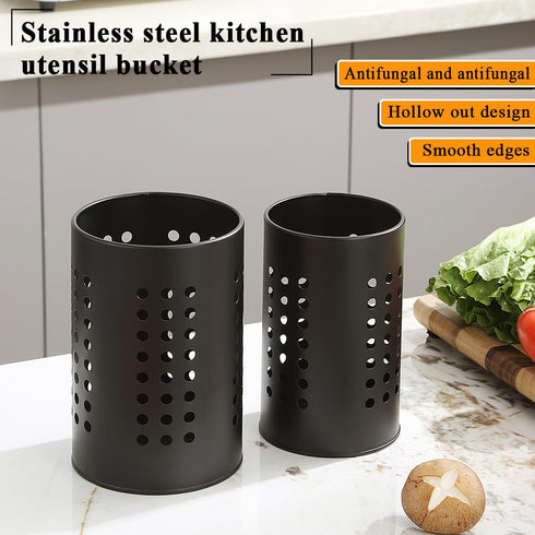 Kitchen Utensils Holder Pack of 2, Black Stainless Steel Caddy, Farmhouse Stylish Organizer and Kitchen Decor, Gift for