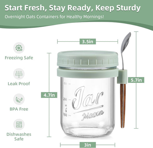 4 Pack 16 oz Overnight Oats Containers with Lids and Spoons, Glass Mason Jars with Airtight Lids, Overnight Oats Jars