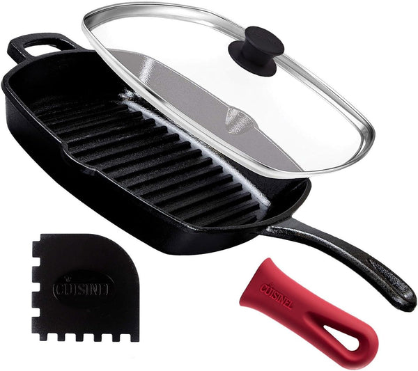 Cuisinel Cast Iron Square Grill Pan with Glass Lid, Pan Scraper, Handle Cover - 10.5" Pre-Seasoned