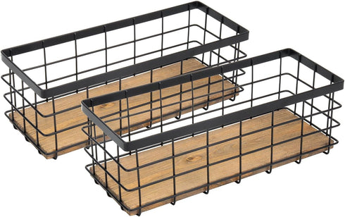 TIEYIPIN Farmhouse Small Metal Wire Storage Basket Bin, Rustic Organizer with Wooden Bottom, Black (2 Pack)