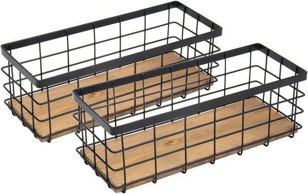 TIEYIPIN Farmhouse Small Metal Wire Storage Basket Bin, Rustic Organizer with Wooden Bottom, Black (2 Pack)