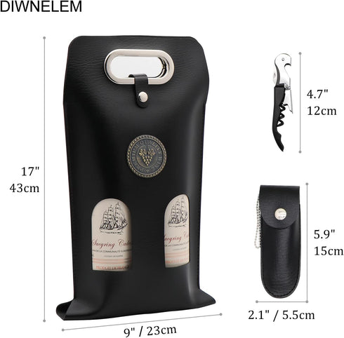 DIWNELEM Leather Wine Bag Leather Wine Gift Bags with Wine Opener Wine Tote Carrier Bag Champagne Beer Bottle Bags for Wedding, Birthday,Travel, Wine Tasting Parties,Christmas-Black 2 Bottles