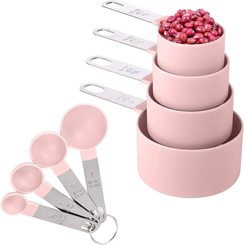 8 Pieces Measuring Cups and Spoons Set, Nesting Cups with Stainless Steel Handle for Dry and Liquid Ingredients (Light