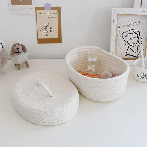 Handmade Cotton Rope Storage Basket with Lid, White Rope Bin for Makeup, Sundries, Snack, Needles - Desktop Storage Box