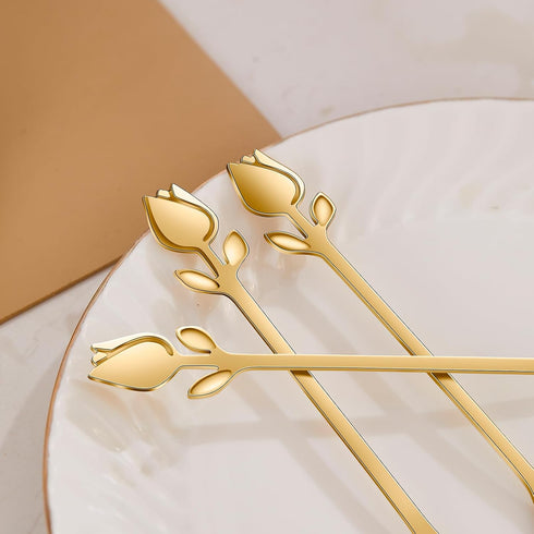 Gold Tulip/Rose Handle Mini Coffee Spoons Set, 12-Pcs Stainless Steel for Espresso, Tea, Dessert - Ideal for Small