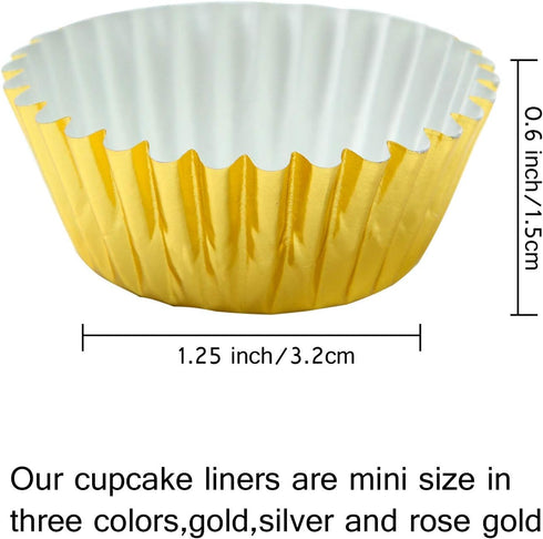 Elcoho 600 Pieces Mini Foil Metallic Cupcake Liners - 1.25 Inch Baking Cups, Gold, Silver, and Rose Gold