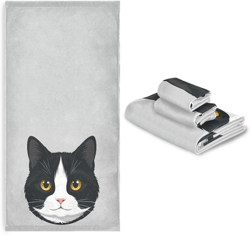 Aslsiy Set 3 Cute Black White Cat Towel Pcs Kitten Kitty Bath Hand Towels Washcloth Soft Thin Durable Towel
