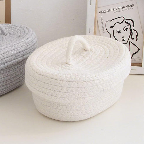 Handmade Cotton Rope Storage Basket with Lid, White Rope Bin for Makeup, Sundries, Snack, Needles - Desktop Storage Box