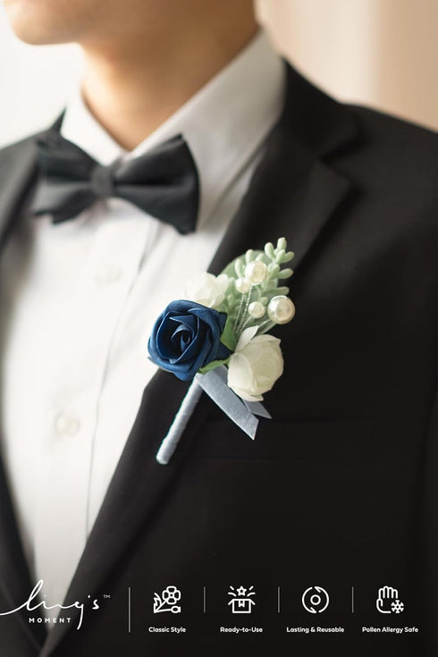 Ling's Moment 6pcs Boutonniere for Men, Artificial Flowers for Wedding Decor/Prom/Homecoming, Navy Blue