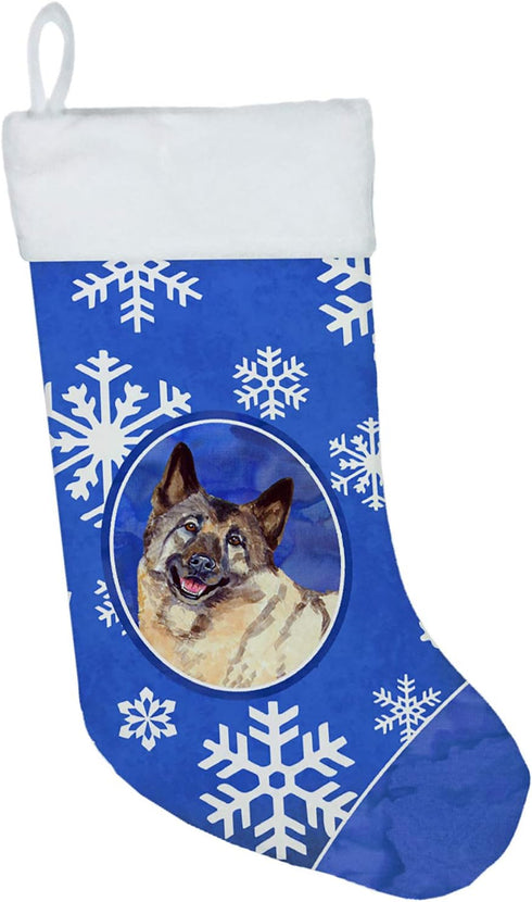 Caroline's Treasures LH9308-CS Norwegian Elkhound Winter Snowflakes Holiday Christmas Stocking - Fireplace Hanging