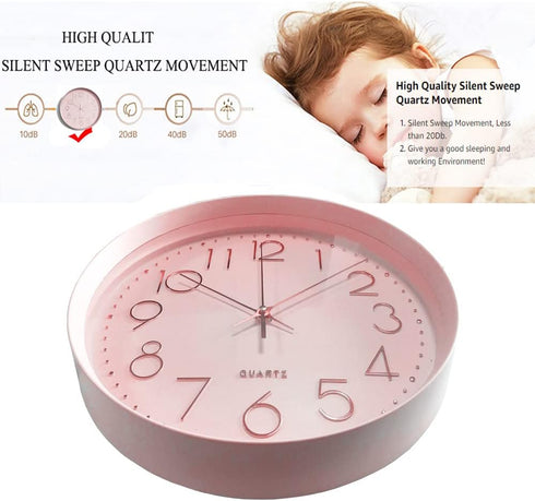 Maxspace Pink Silent Non-Ticking Wall Clock, 12in Battery Operated Analog Decorative Clock