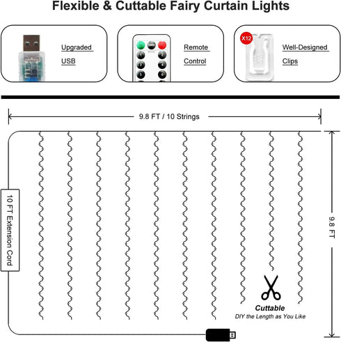 300 9.8 9.8FT 8 LED Fairy Curtain Lights, x Warm White USB Plug in Modes Hanging Lights with Remote for Christmas