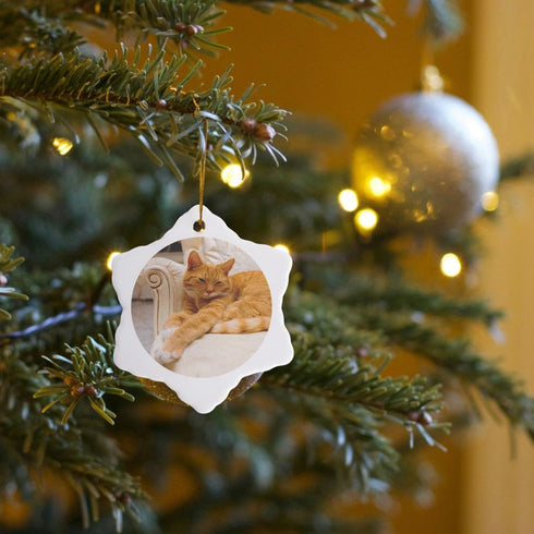 3D Rose Happy Orange Tabby Cat Relaxing on Fancy Armchair Snowflake Ornament, 3"