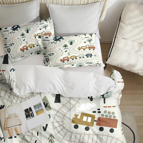 Set 2 Cozy Set Comforter with Pillowcases Queen Size, Cartoon Car Train Road Map, Bed Decor Cute Forest Traffic Baby