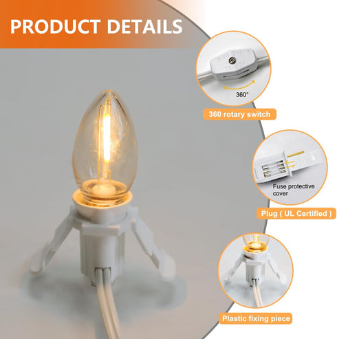 3 C7 Bulbs 3 Bulb Base String Christmas Village Light Accessory Cord with LED Light Universal Clip White Cord