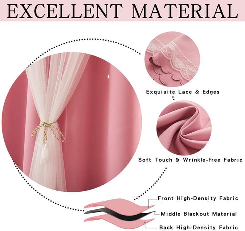 63 Inch 1 Pink Blackout Curtains for Girls Bedroom Cute - Aesthetic Star Cutout Double Layer with Sheer Overlay, Length