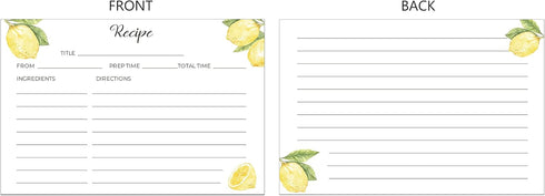 Heart&Berry Lemon Recipe Cards (Set of 50) - 4x6 Double Sided Thick Cards