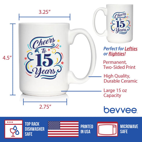 Cheers to 15 Years - Coffee Mug Gifts for Women & Men - 15th Anniversary Party Decor - Large 15oz White