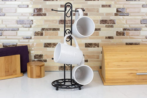 Home Basics Scroll Design Coffee Mug Holder - Black Steel Stand for Any Kind of Mug, Kitchen Organizing Cup Tree