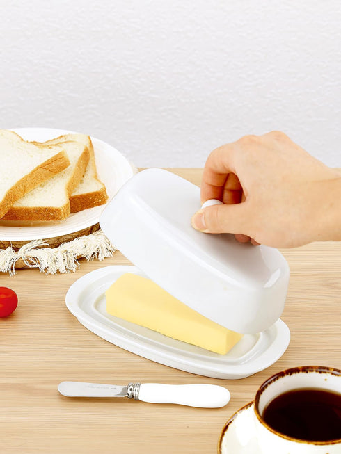 Yedio Ceramic Butter Dish with Lid and Knife, 8 Inch White Butter Holder for Countertop Refrigerator