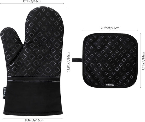 Set of 4 Black Oven Mitts and Pot Holders, 482 F Heat Resistant Non-Slip Gloves for BBQ, Grill, Baking, Cooking, Oven,