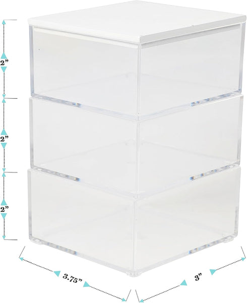 Martha Stewart Brody Plastic Storage Organizer Bins with Engineered Wood Lid, 3 Pack Small (3.75" x 3", Clear/White)