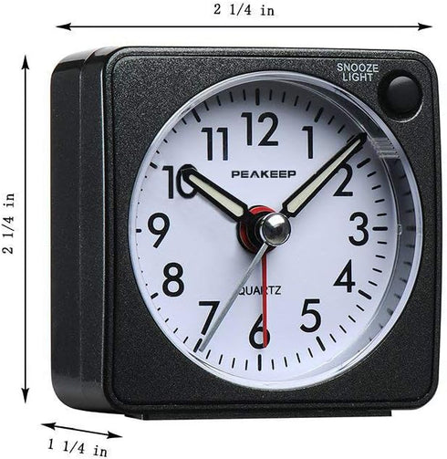 Peakeep Ultra Small Battery Travel Alarm Clock with Snooze and Light, Silent Analog Quartz (Black)