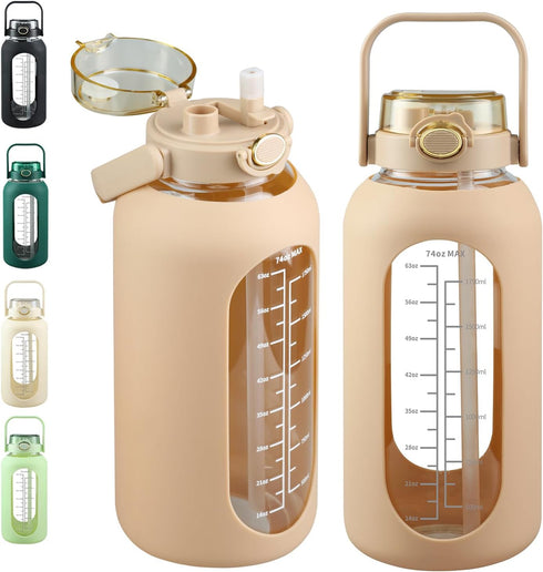 SIEROZUR 74oz Glass Water Bottle with Straw - Large Motivational Water Jug with Handle and Time Marker