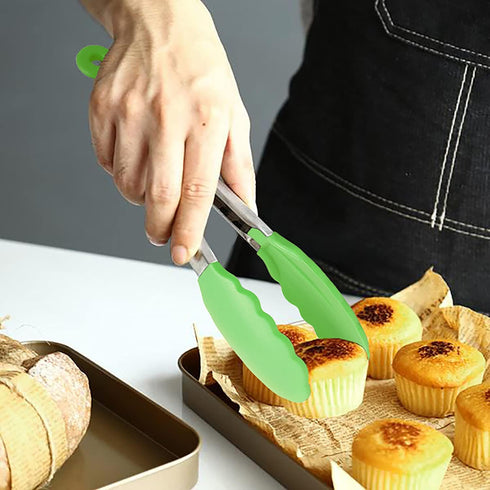 Mini Tongs with Silicone Tips, 7 Inches Silicone Cooking Tongs, Set of 3 in Green