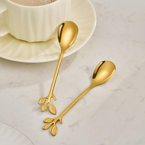 AnSaw Elegant Gold Leaf Coffee Spoons - 10-Piece Mini Stainless Steel Espresso & Dessert Spoons (4.7")