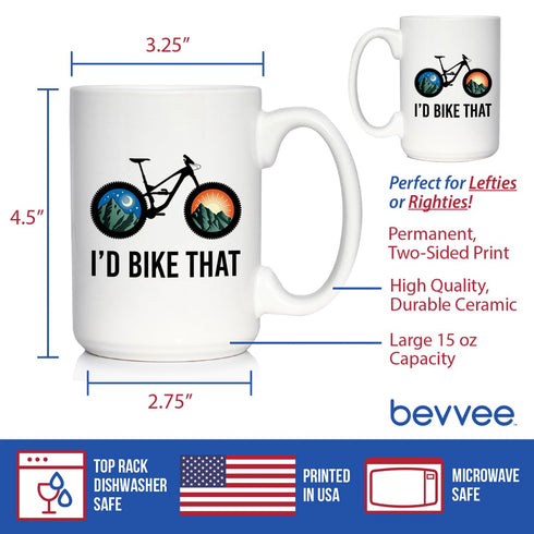 I'd Bike That Coffee Mug, Bicycle Themed Decor and Gifts for Mountain Bikers, Large 15oz White Ceramic Mug