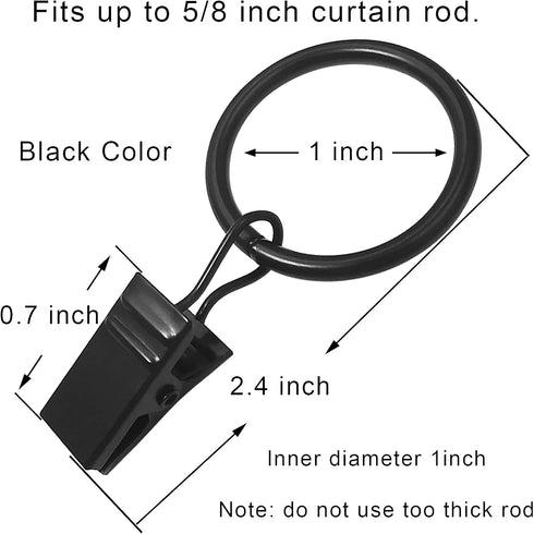 44 Pack Metal Curtain Rings with Clips, Drapery Clips with 1 in I D, Fits 6/8 in Curtain Rod, Black