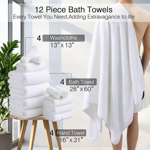 Set 12 (4 Towels,4 Towels,4 100% Pack Hailea Luxury Bath Towels - Piece Large Bath Hand Washcloths), Microfiber,Extra