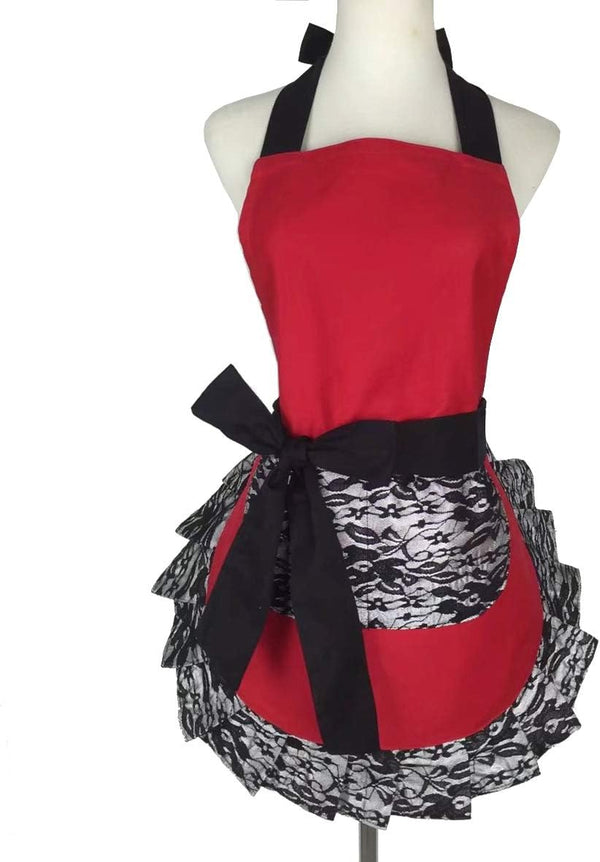 Hyzrz Cute Lace Flirty Apron with Pocket, Retro Sexy Cooking Pinup Apron for Women Girls (Red)