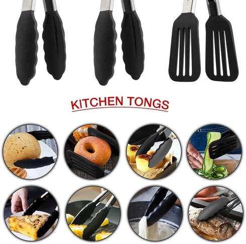 9 Inch Small Kitchen Tongs, Set of 3 Silicone Cooking Tongs with Stainless Steel Handle