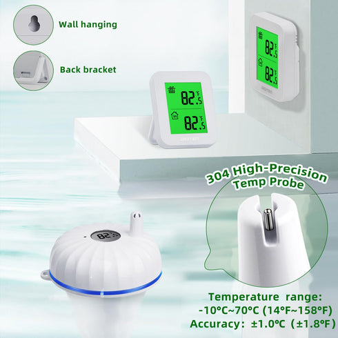 Swimming Upgraded Pool Thermometer,Waterproof Wireless Floating Thermometer with Indoor Temperature Monitor