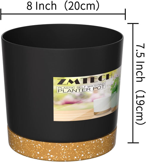 ZMTECH Set of 3 8'' Self Watering Plant Pots, Plastic Planters with Drainage Hole and Saucer for Indoor Outdoor Use