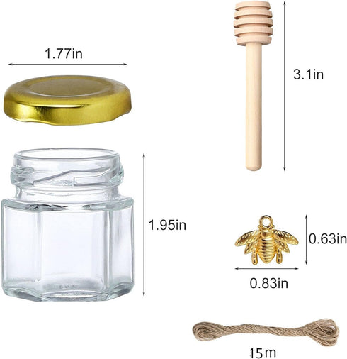 1.5 oz Hexagon Mini Glass Honey Jars - 30 Pack with Wood Dipper, Gold Lid, Bee Pendants, Jutes - Perfect for Baby